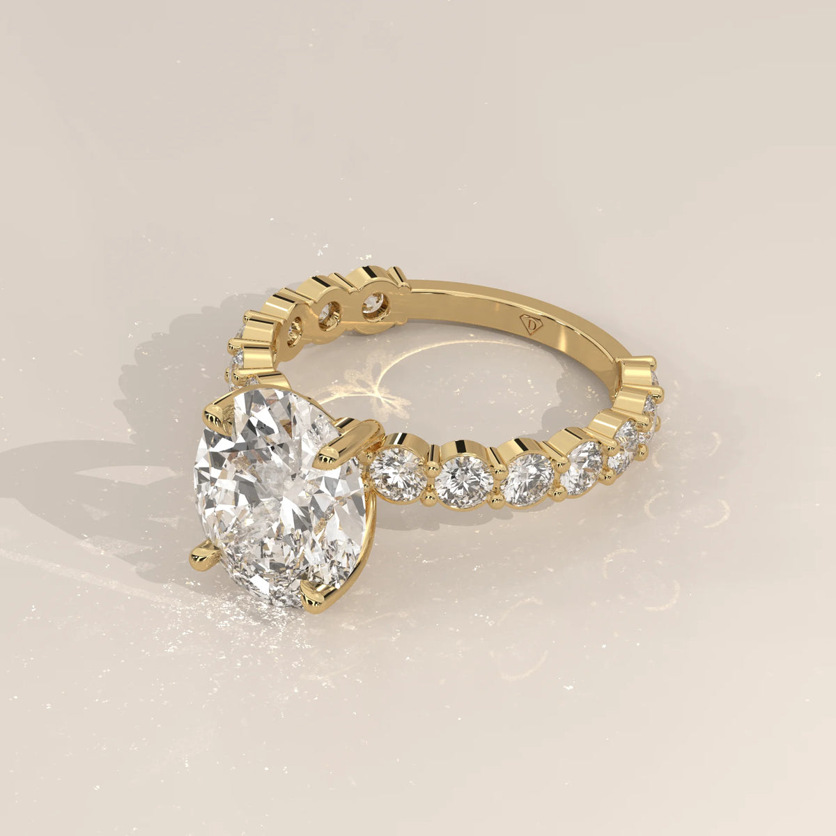 Scyrlet 5 Carat Oval Lab Grown Diamond Ring, Bold Round Diamond Band in yellow gold, shown from the side.
