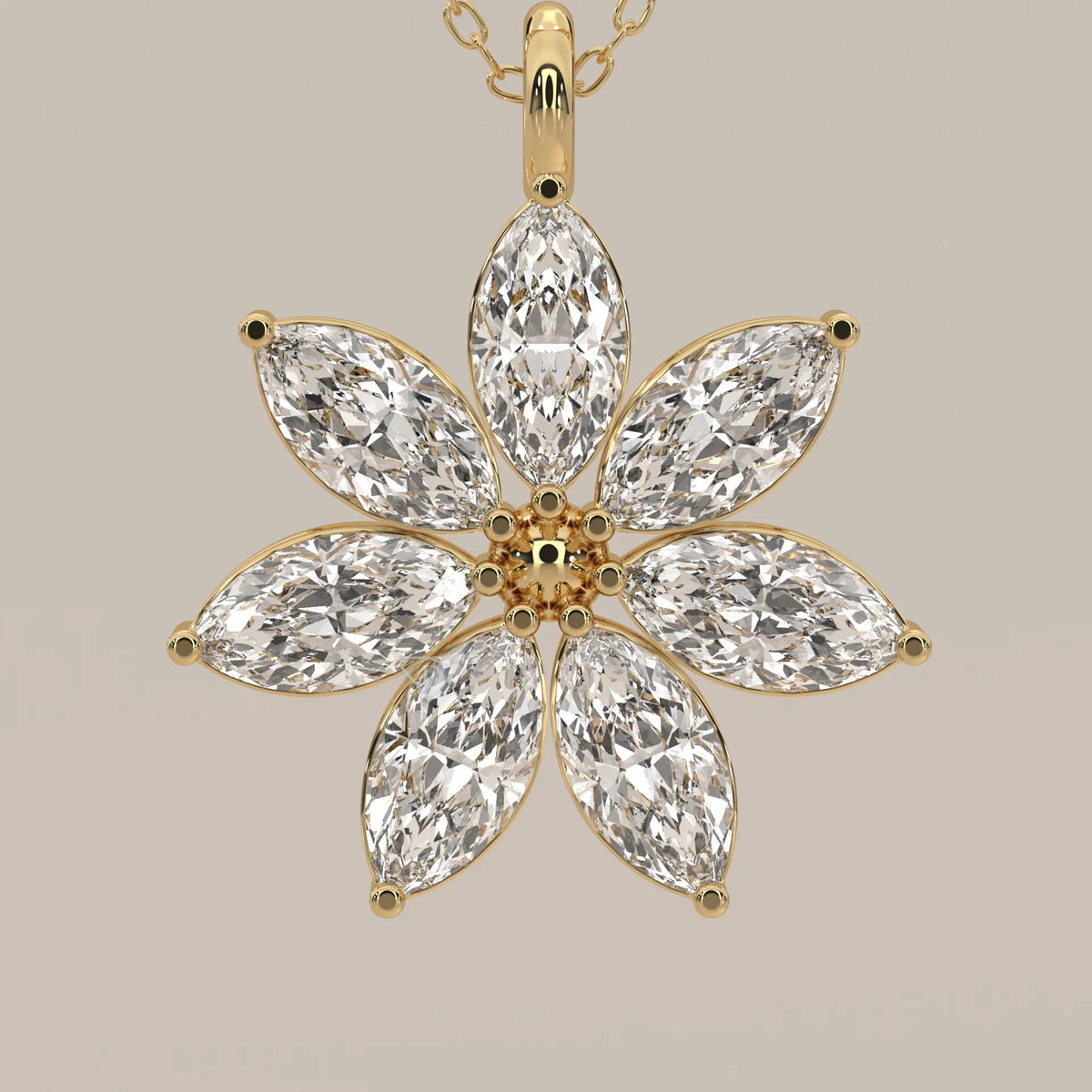 Seven Marquise Lab Grown Diamond Petal Flower Pendant in yellow gold, shown on a plain background.