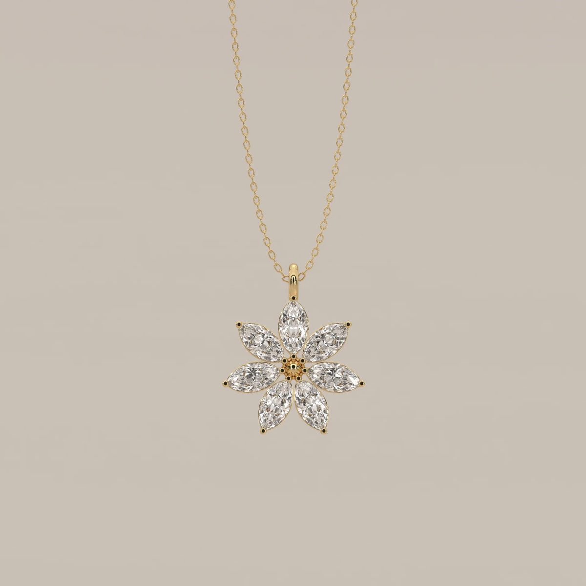 Seven Marquise Lab Grown Diamond Petal Flower Pendant in yellow gold, shown from the front.