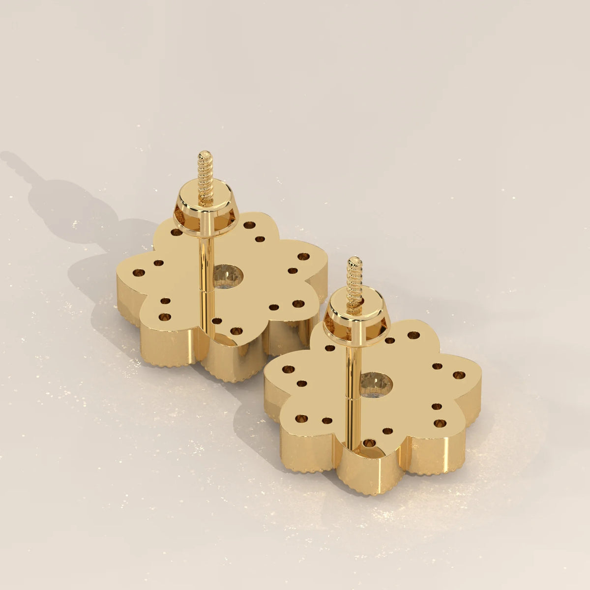 Seven Petal Flower Lab Grown Diamond Studs with Beaded Edges in yellow gold, studio photograph on a plain background.