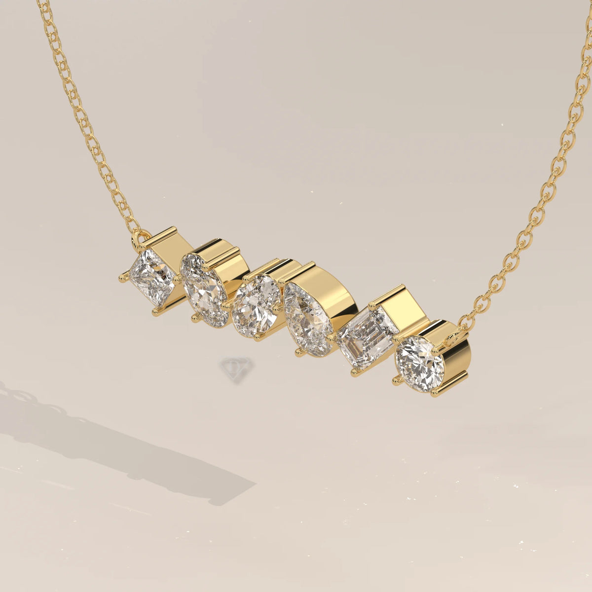 Six Mixed Cut Lab Grown Diamond East West Bar Pendant in yellow gold, shown at an angle.