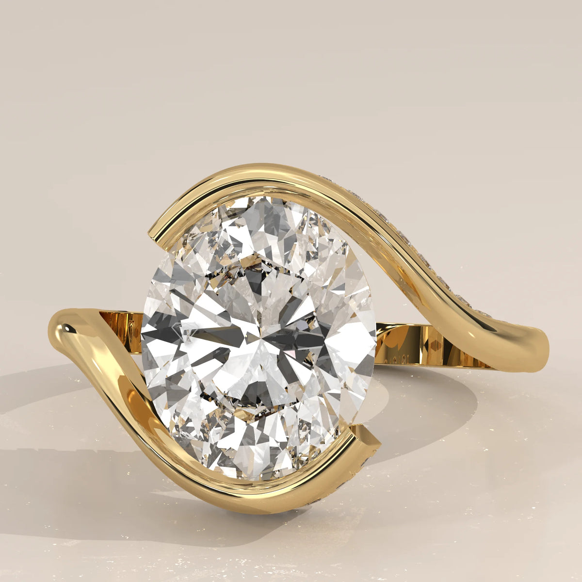 Slena 5 Carat Oval Lab Grown Diamond Bypass Ring, Pave Swirl in yellow gold, shown at an angle.