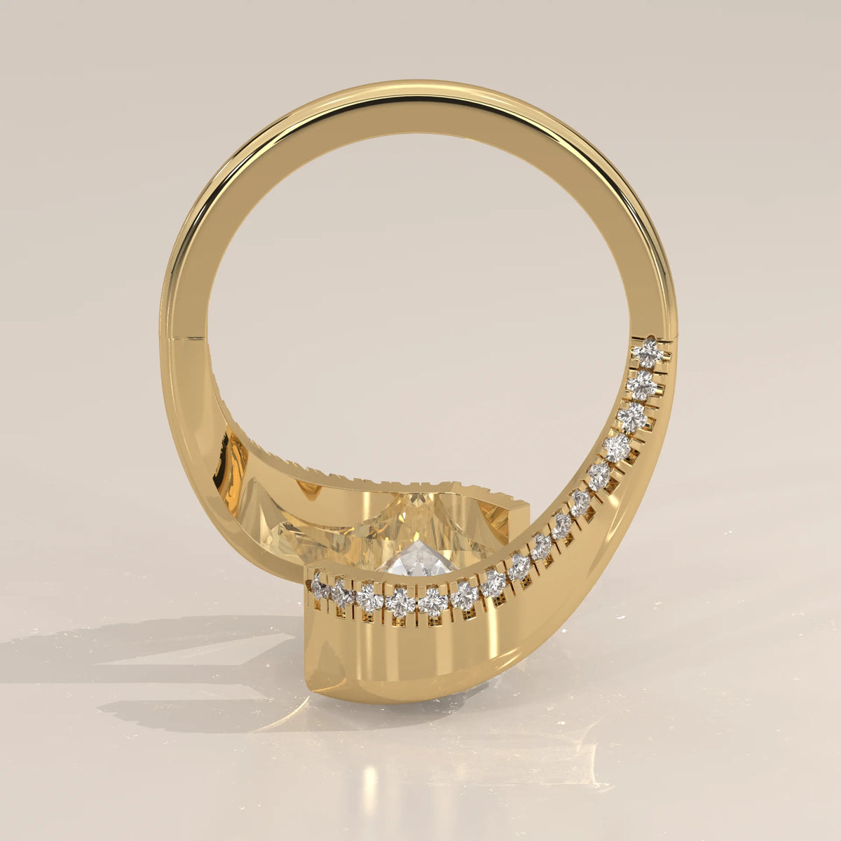 Slena 5 Carat Oval Lab Grown Diamond Bypass Ring, Pave Swirl in yellow gold, photographed from the side.