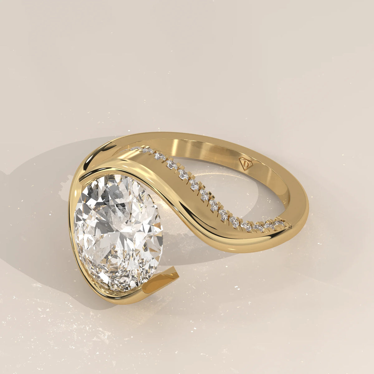 Slena 5 Carat Oval Lab Grown Diamond Bypass Ring, Pave Swirl in yellow gold, shown from the side.