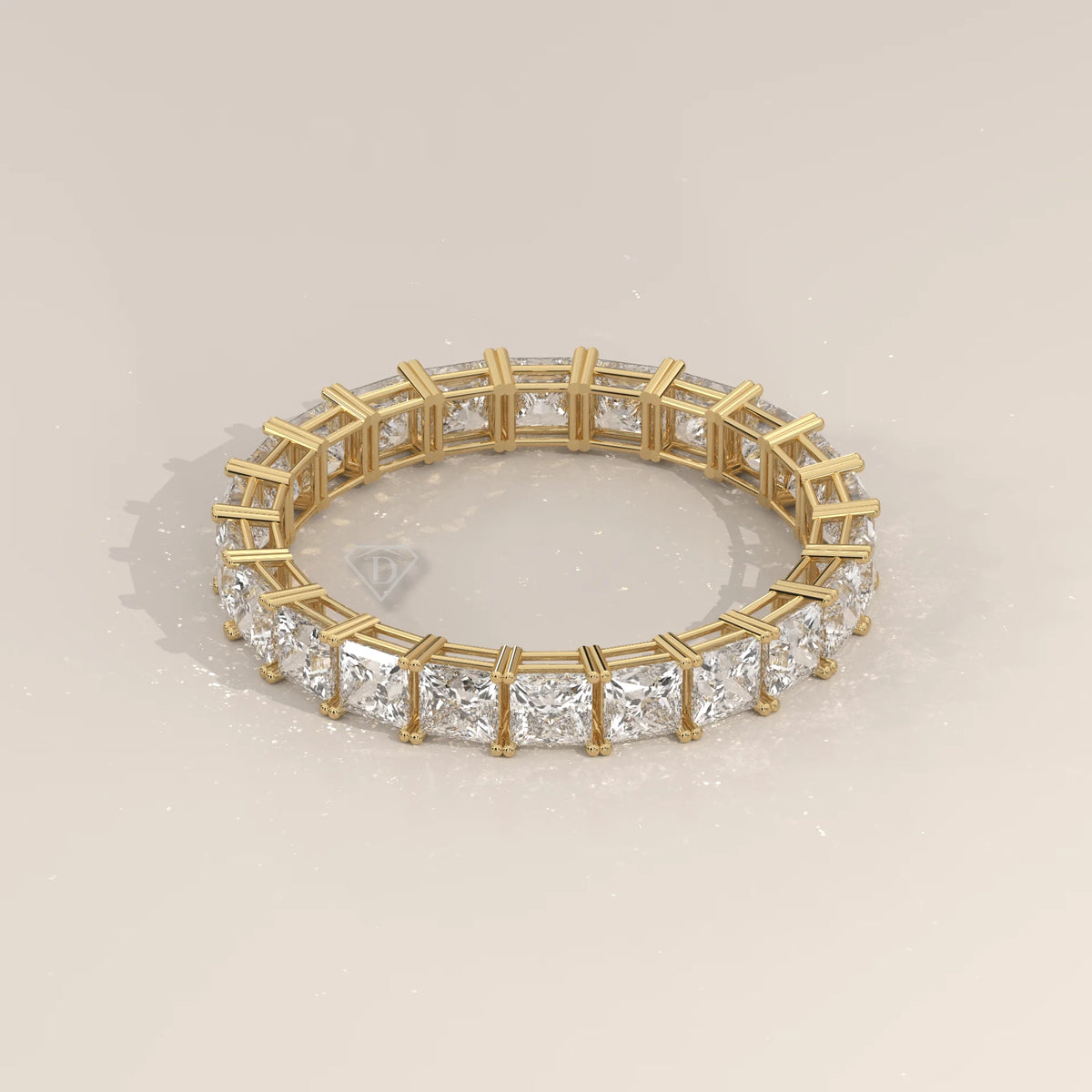 Slim Princess Cut Diamond Full Eternity Wedding Band in Gold in yellow gold, shown at an angle.