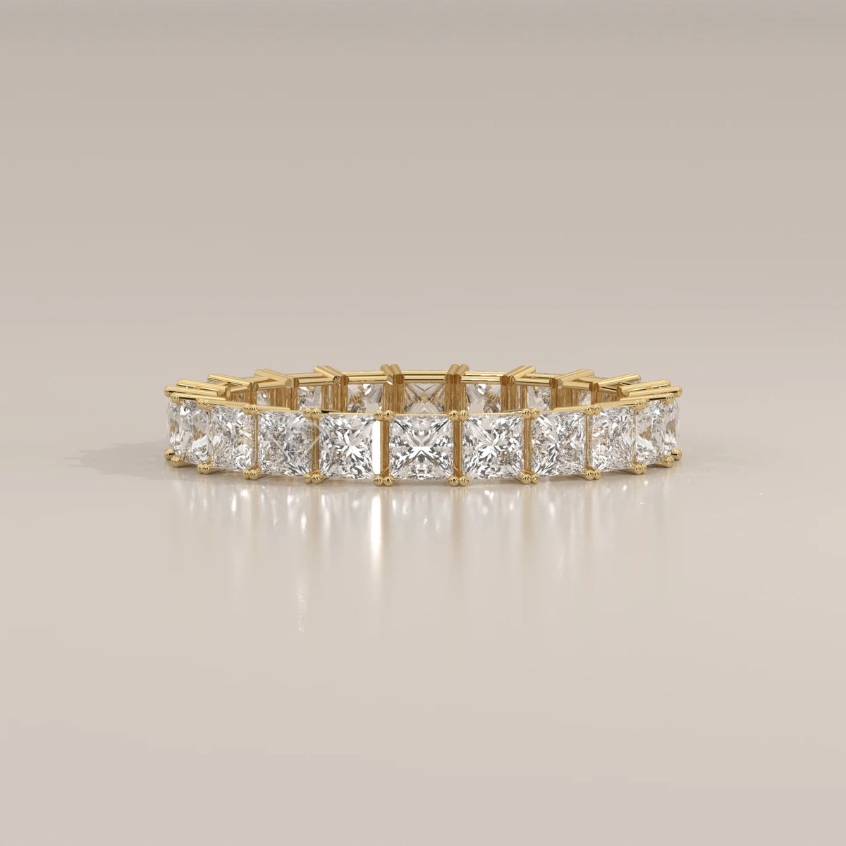 Slim Princess Cut Diamond Full Eternity Wedding Band in Gold in yellow gold, shown from the front.