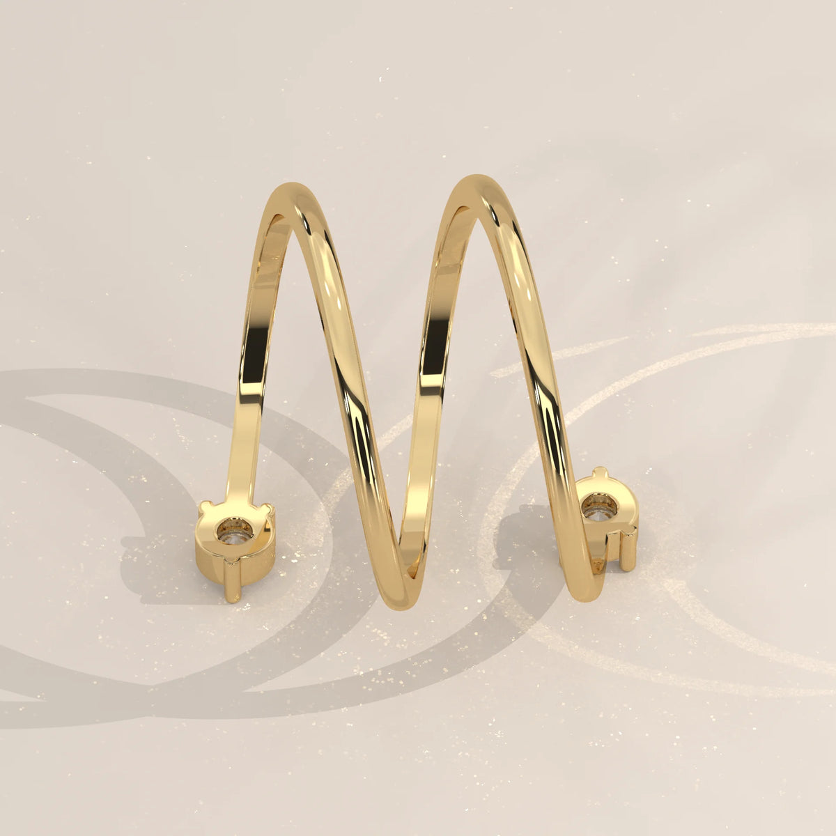 Round Lab Grown Diamond Spiral Wrap Ring with Two Claw Set Ends in yellow gold, front view on a plain background.