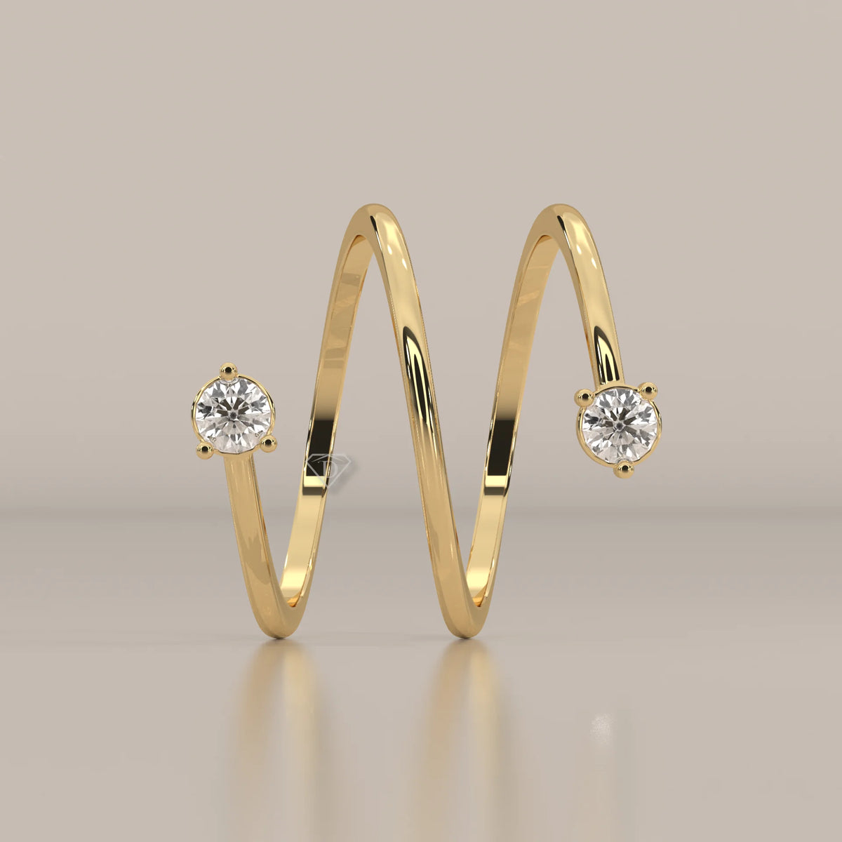 Round Lab Grown Diamond Spiral Wrap Ring with Two Claw Set Ends in yellow gold, product photograph on a plain background.