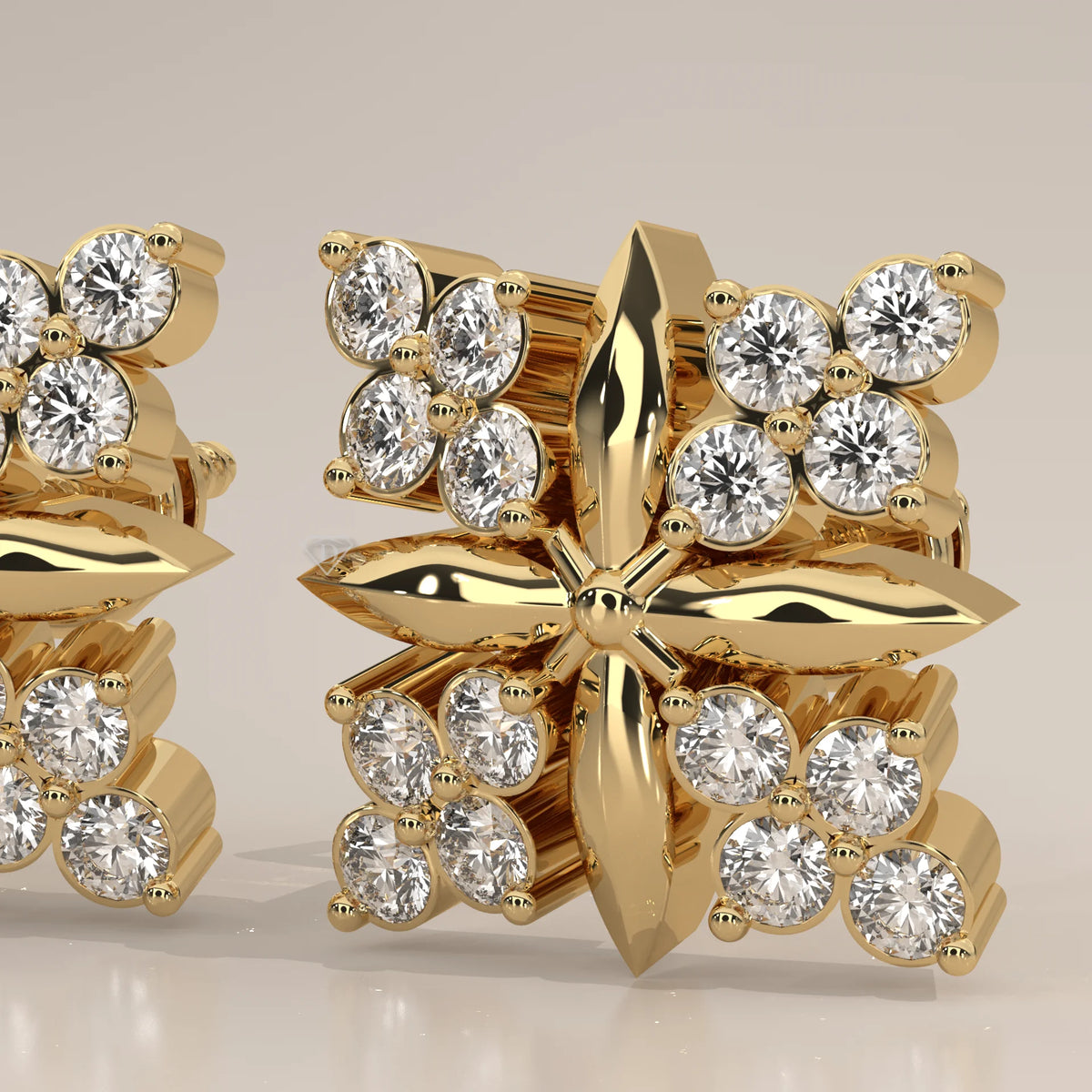 Square Cluster Lab Grown Diamond Studs with Four Point Gold Motif in yellow gold, shown on a plain background.