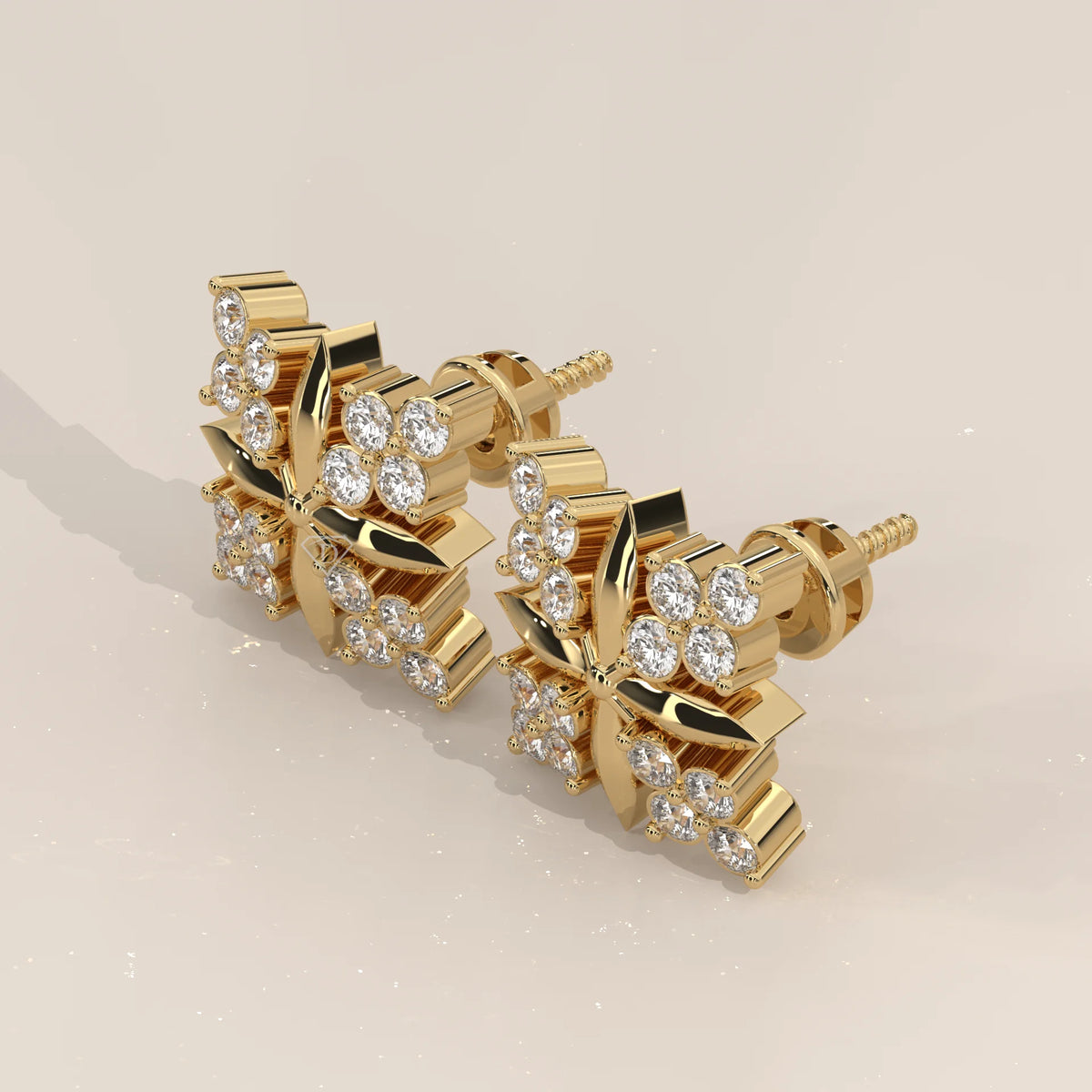 Square Cluster Lab Grown Diamond Studs with Four Point Gold Motif in yellow gold, shown at an angle.