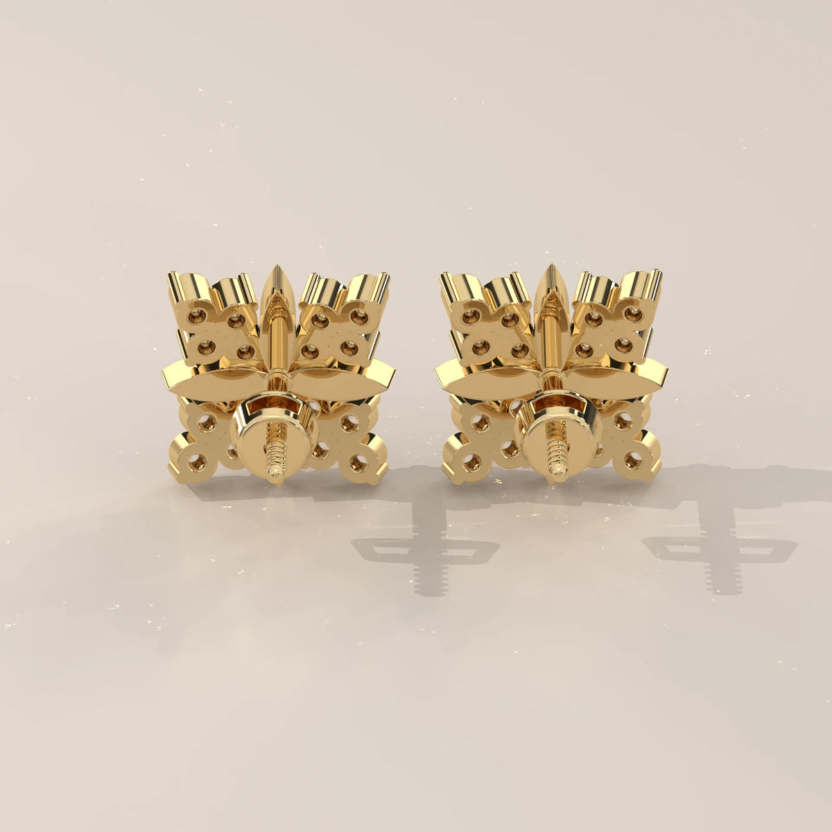 Square Cluster Lab Grown Diamond Studs with Four Point Gold Motif in yellow gold, photographed head-on.
