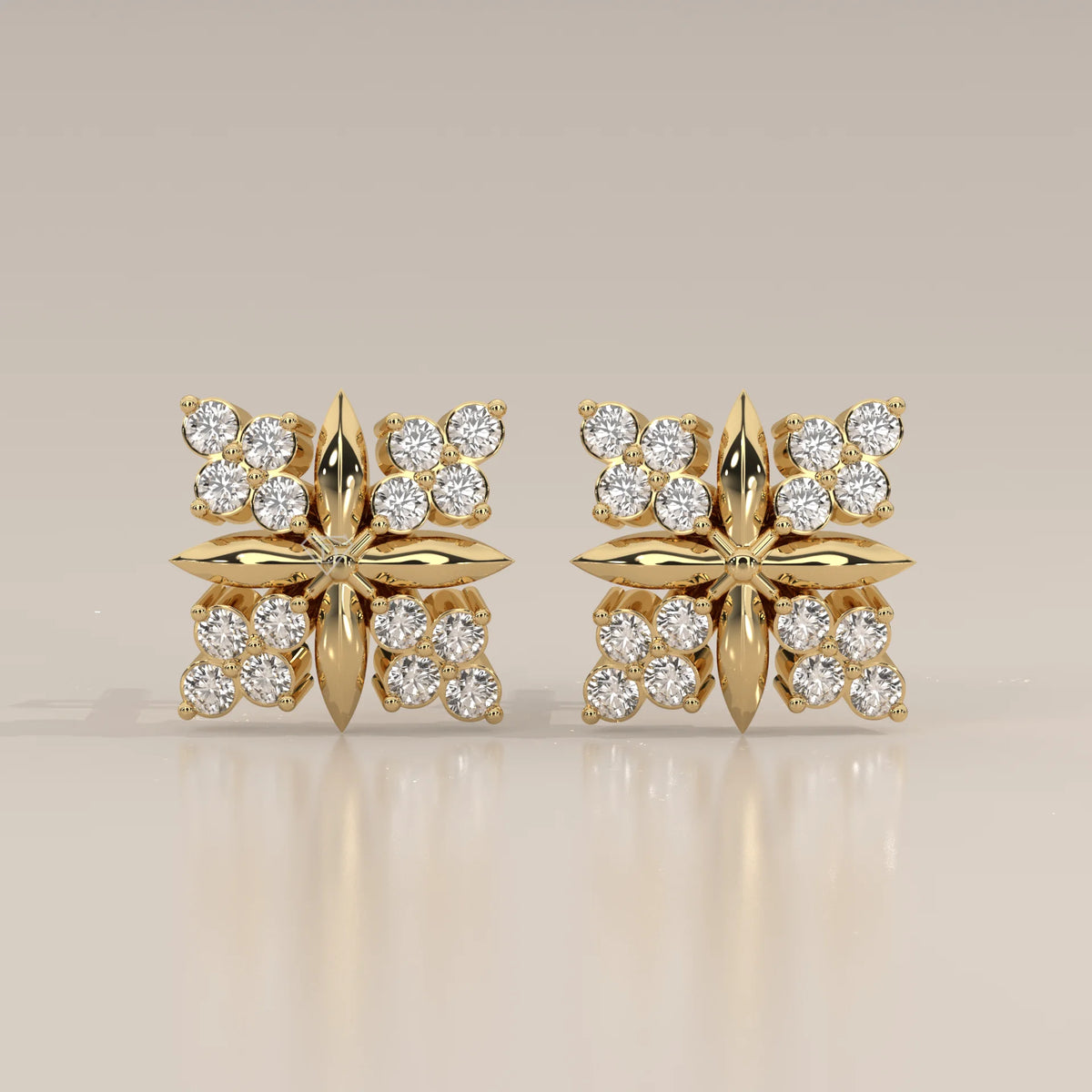 Square Cluster Lab Grown Diamond Studs with Four Point Gold Motif in yellow gold, shown from the front.