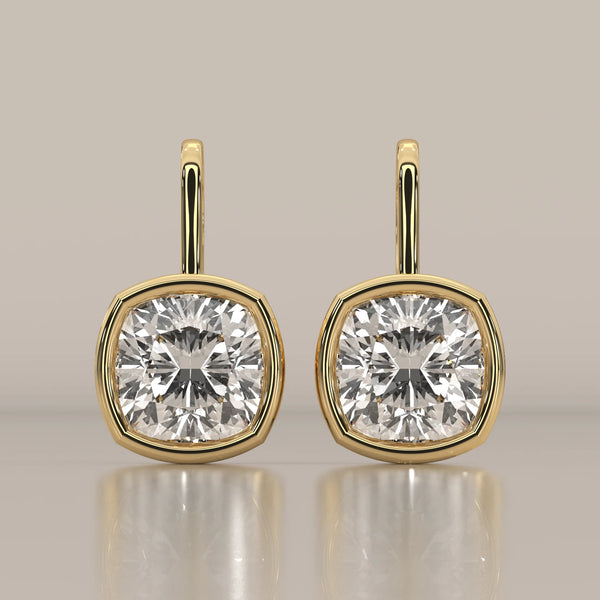 Square Cushion Bezel Lab Grown Diamond Drop Earrings on Gold Hook in yellow gold, shown from the front.