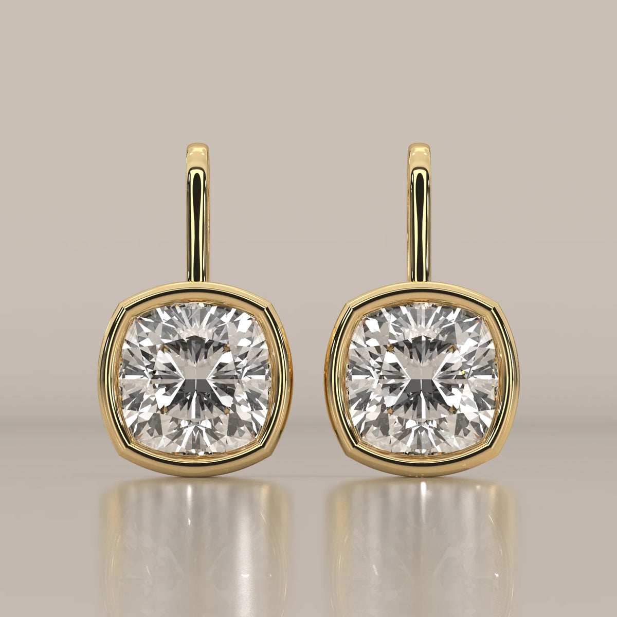 Square Cushion Bezel Lab Grown Diamond Drop Earrings on Gold Hook in yellow gold, shown from the front.