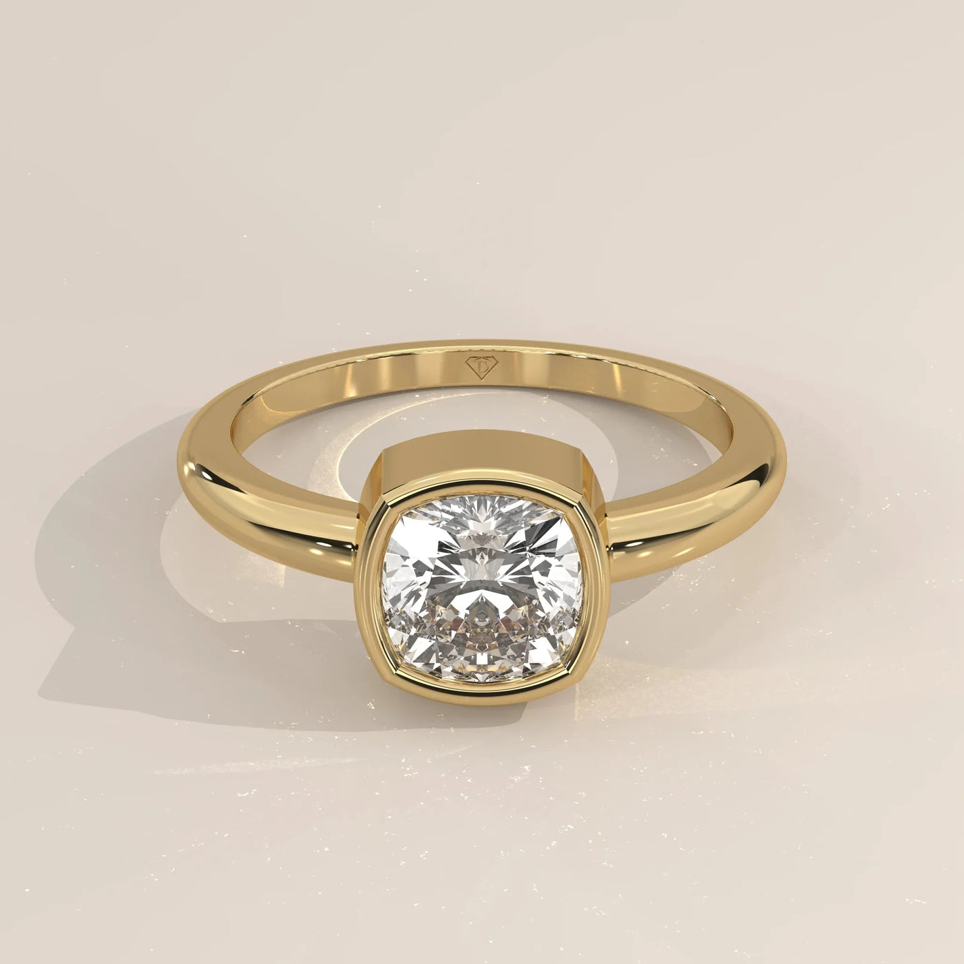 Front View: Cushion Diamond Ring with Bezel Setting in Yellow Gold – Lab Grown – Driona Jewels