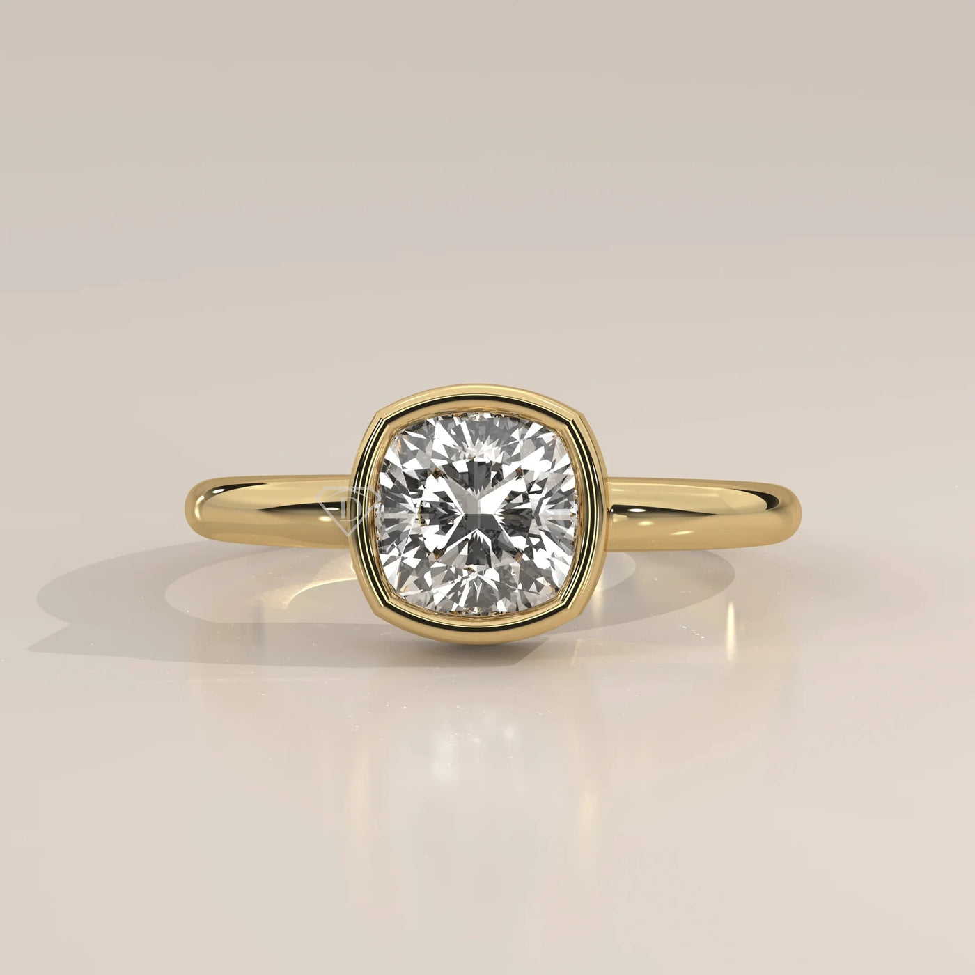 Front View: Cushion Diamond Ring with Bezel Setting in Yellow Gold – Lab Grown – Driona Jewels