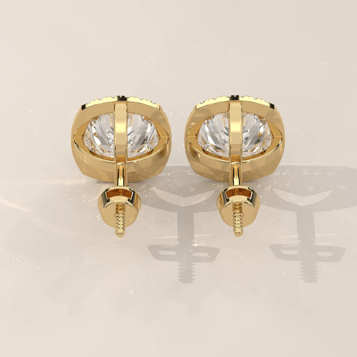 Square Cushion Halo Lab Grown Diamond Studs with Arched Basket in yellow gold, photographed head-on.