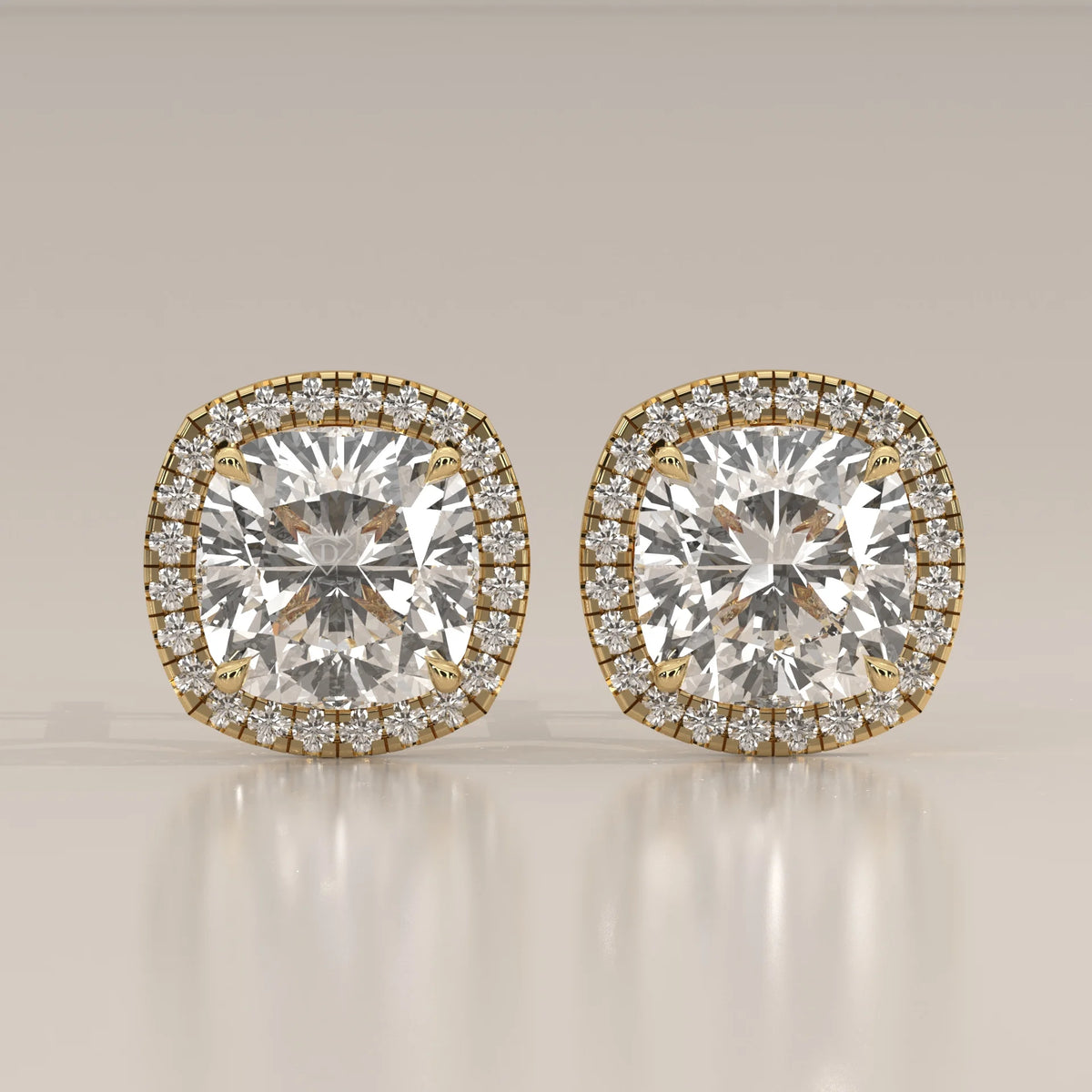 Square Cushion Halo Lab Grown Diamond Studs with Arched Basket in yellow gold, shown from the front.