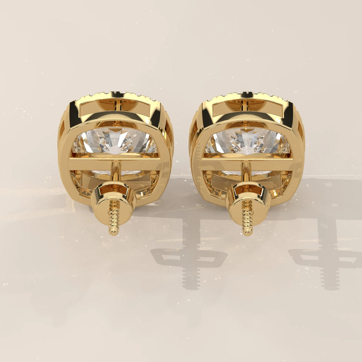 Square Cushion Halo Lab Grown Diamond Studs with Bar Gallery in yellow gold, shown on a plain background.