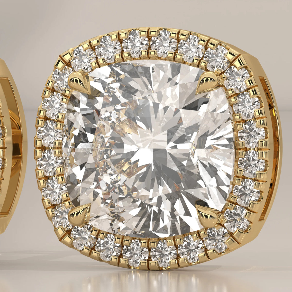 Square Cushion Halo Lab Grown Diamond Studs with Bar Gallery in yellow gold, photographed head-on.