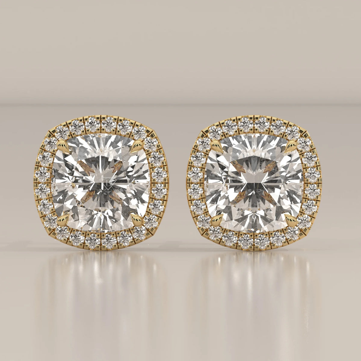 Square Cushion Halo Lab Grown Diamond Studs with Bar Gallery in yellow gold, shown from the front.