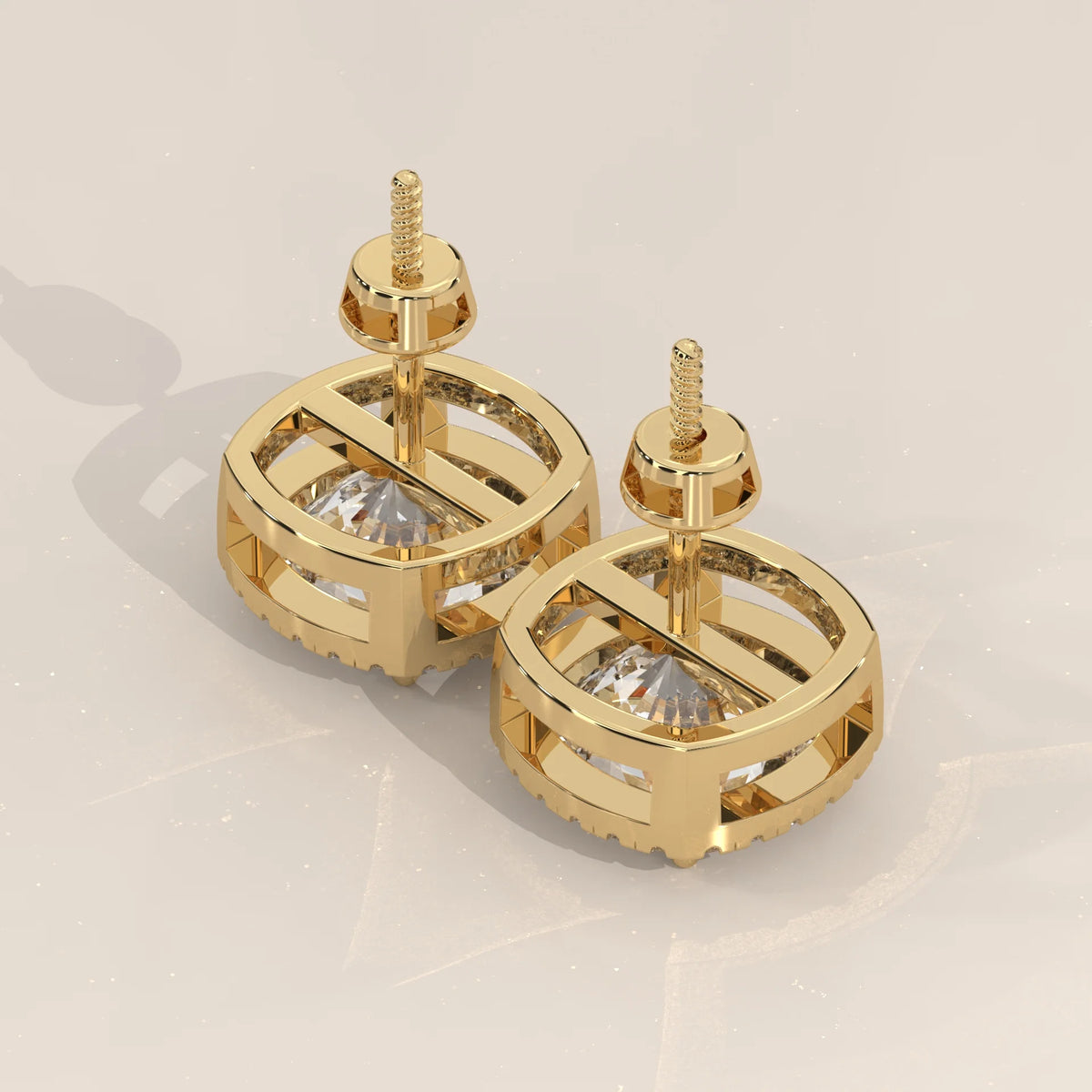 Square Cushion Halo Lab Grown Diamond Studs with Bar Gallery in yellow gold, side profile view.
