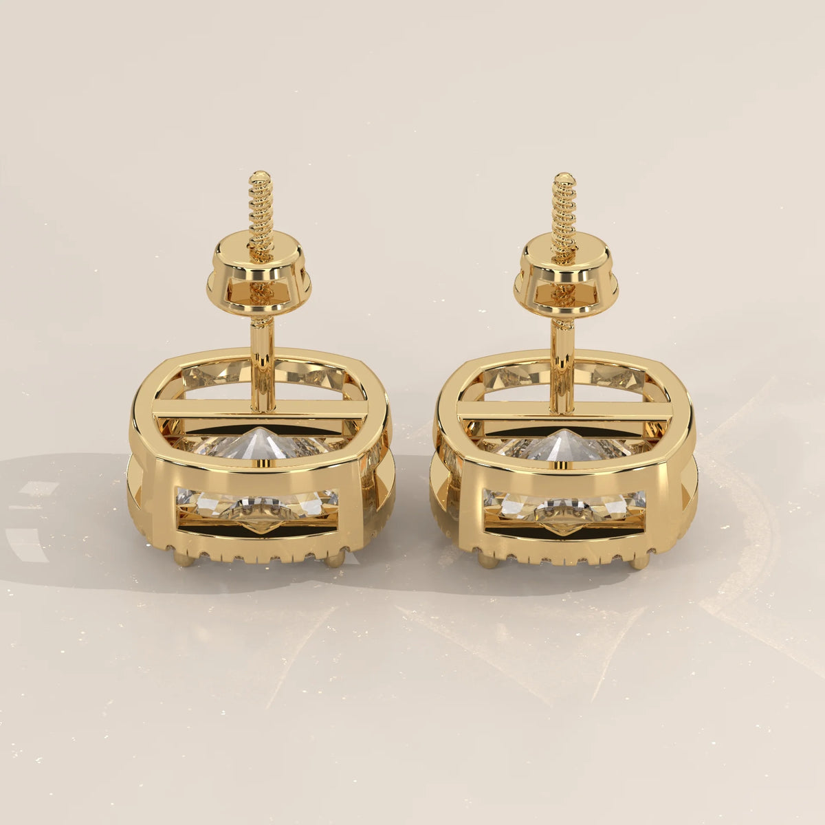 Square Cushion Halo Lab Grown Diamond Studs with Bar Gallery in yellow gold, photographed from the side.
