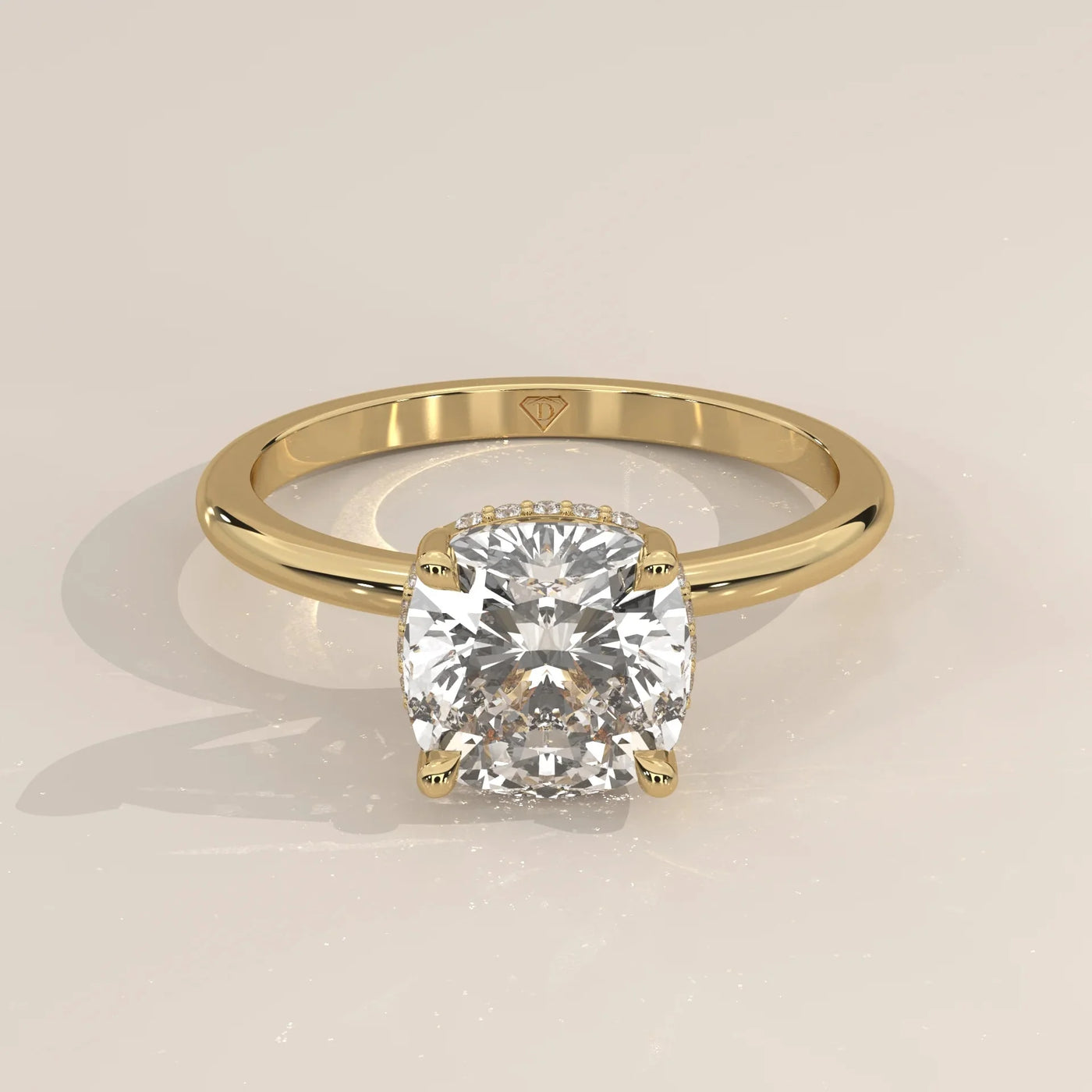 Front View: Cushion Diamond Ring with Hidden Halo Setting in Yellow Gold – Lab Grown – Driona Jewels