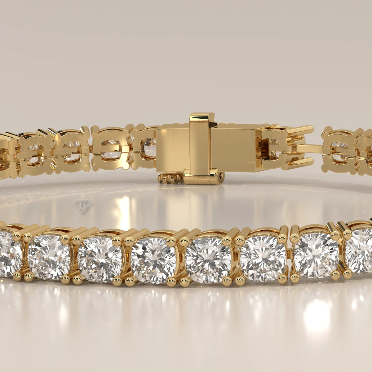 Square Cushion Lab Grown Diamond Tennis Bracelet, Four Prong in yellow gold, shown on a plain background.