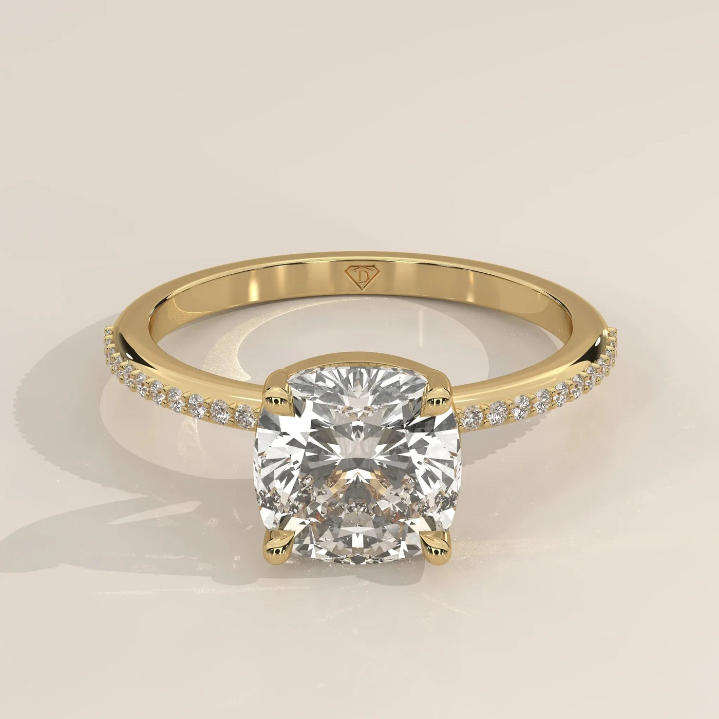 Front View: Cushion Diamond Ring with Pavé Setting in Yellow Gold – Lab Grown – Driona Jewels