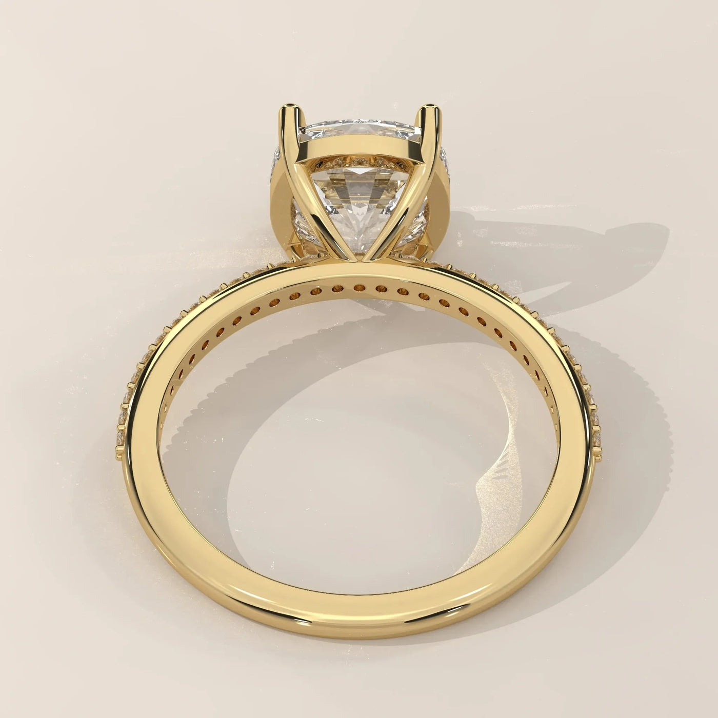 Side Profile: Cushion Diamond Ring with Pavé Setting in Yellow Gold – Lab Grown – Driona Jewels