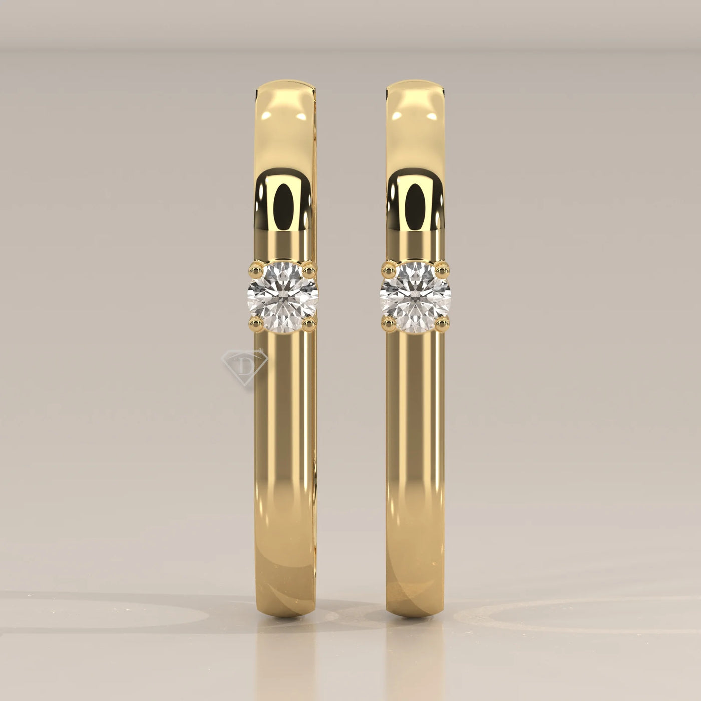 Front View: Round Diamond Hoop Earrings with Prong Setting in Yellow Gold – Lab Grown – Driona Jewels