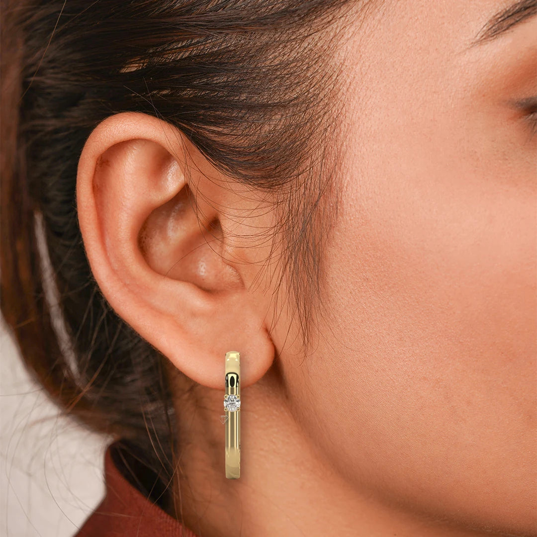 On Model: Round Diamond Hoop Earrings with Prong Setting in Yellow Gold – Lab Grown – Driona Jewels