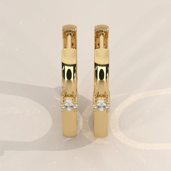 Pair Front View: Round Diamond Hoop Earrings with Prong Setting in Yellow Gold – Lab Grown – Driona Jewels