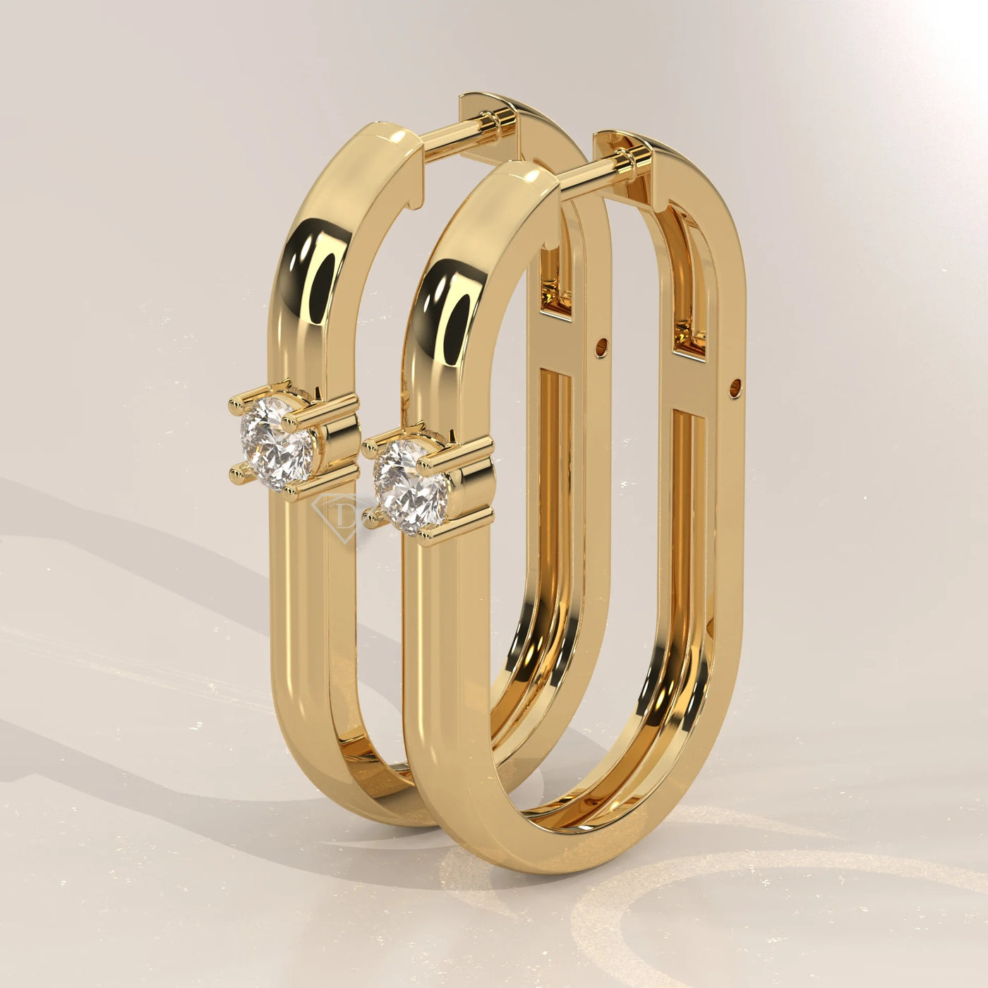 Three-Quarter View: Round Diamond Hoop Earrings with Prong Setting in Yellow Gold – Lab Grown – Driona Jewels