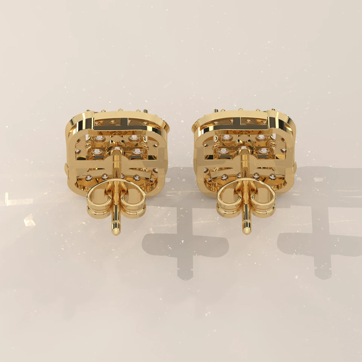 Back View: Round Diamond Stud Earrings with Halo Setting in Yellow Gold – Lab Grown – Driona Jewels