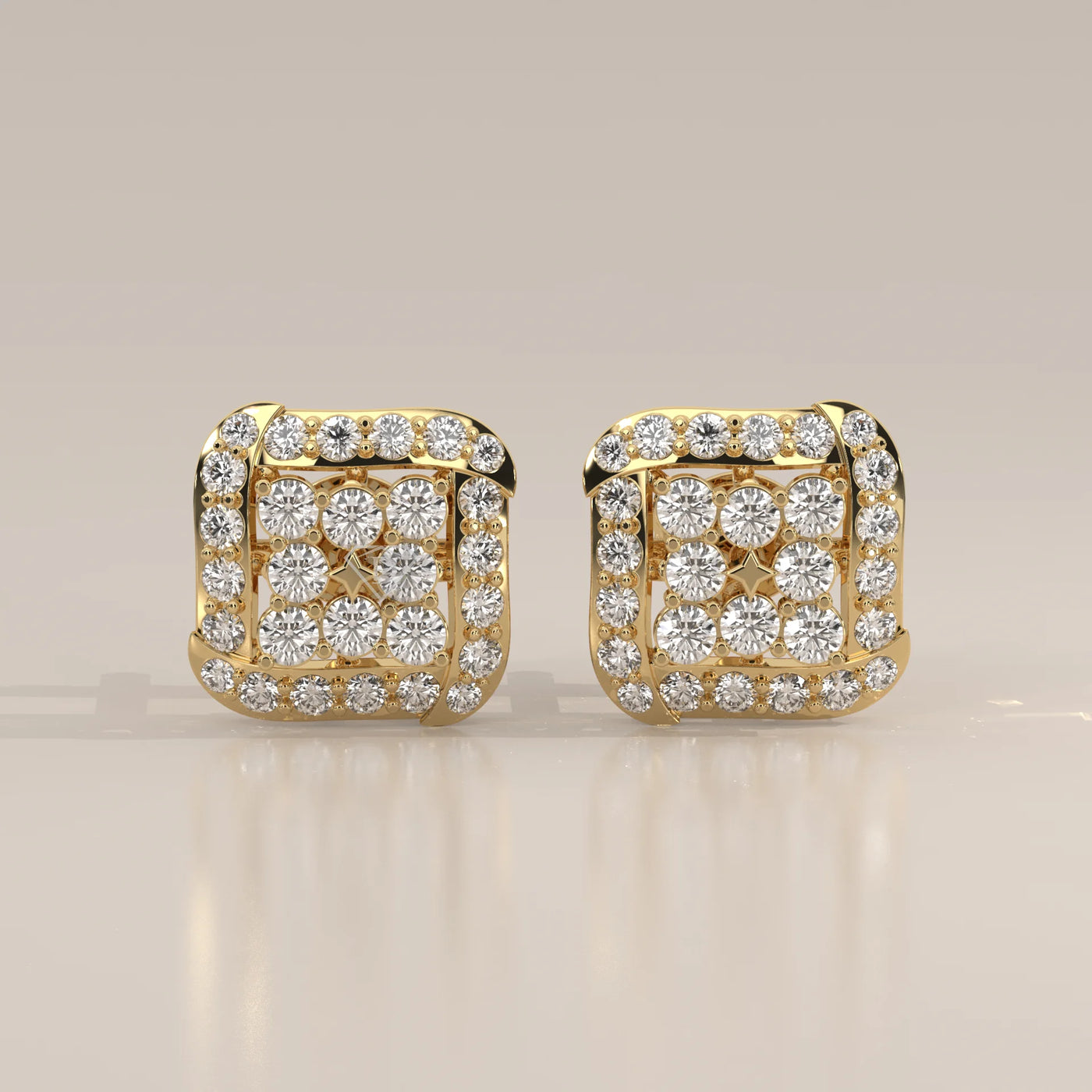 Front View: Round Diamond Stud Earrings with Halo Setting in Yellow Gold – Lab Grown – Driona Jewels
