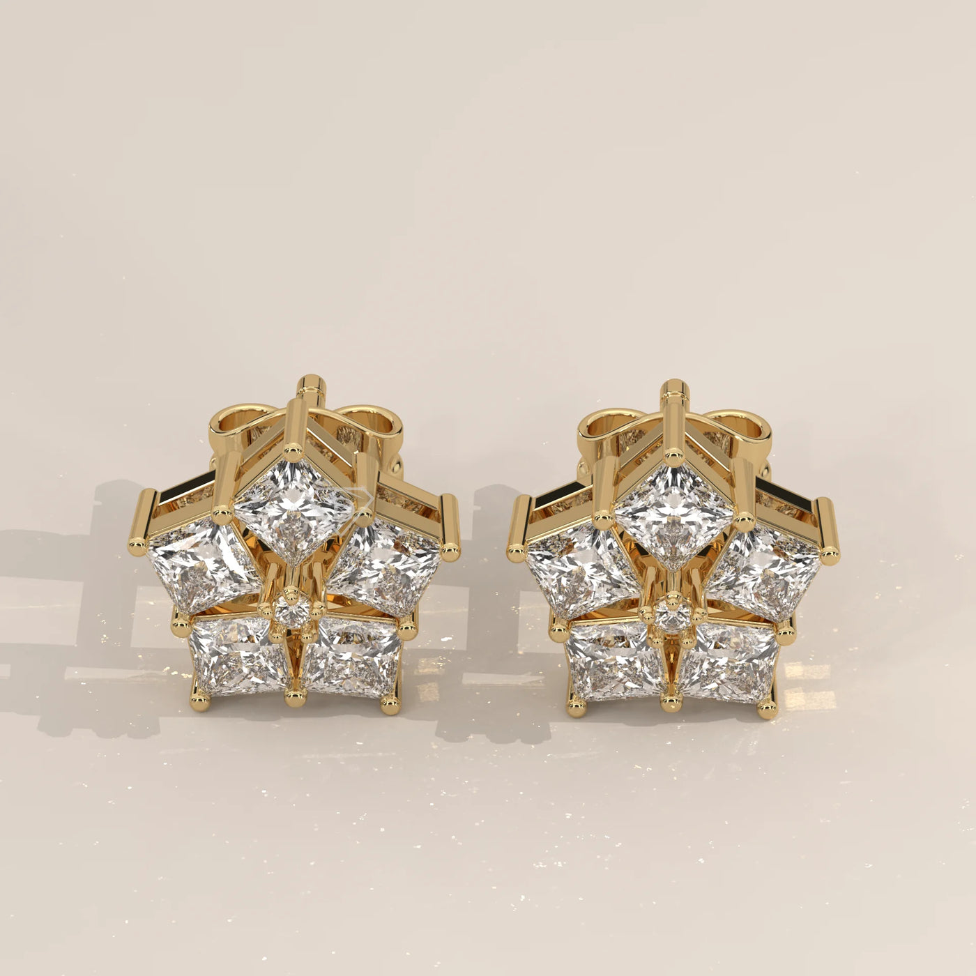 Pair Front View: Round Diamond Stud Earrings with Cluster Setting in Yellow Gold – Lab Grown – Driona Jewels