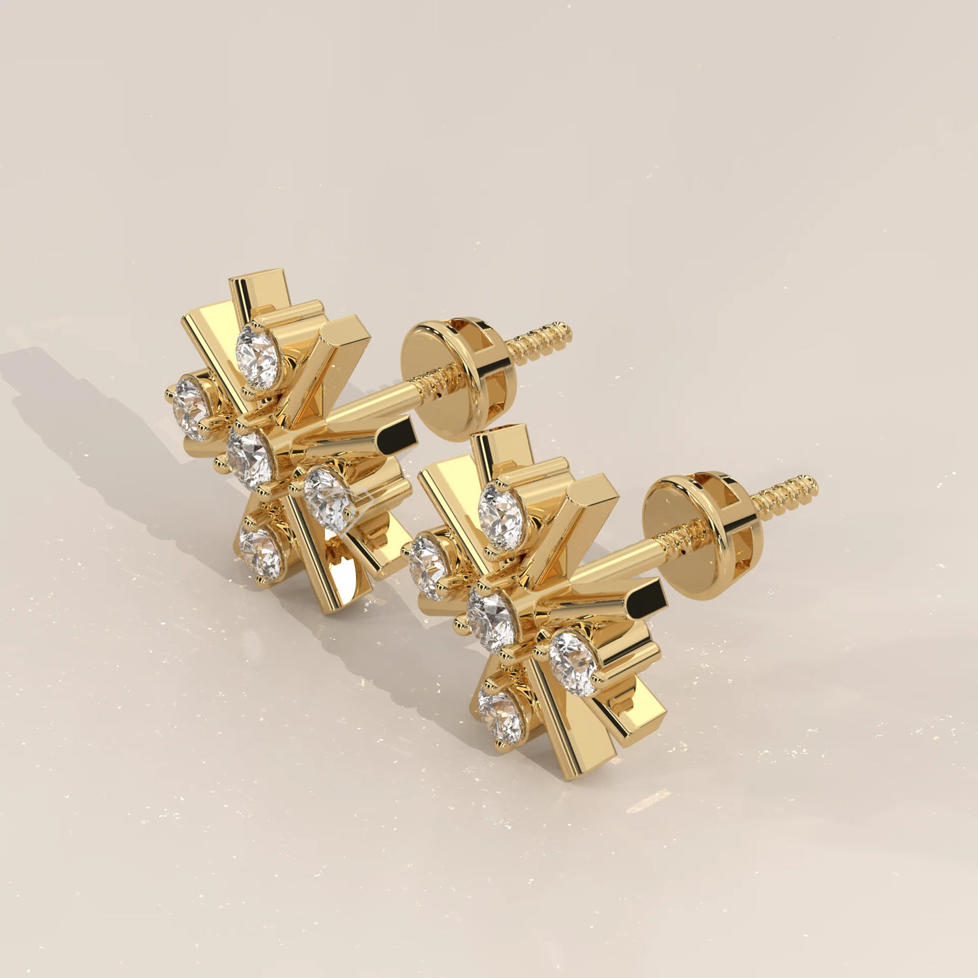 Three-Quarter View: Round Diamond Stud Earrings with Cluster Setting in Yellow Gold – Lab Grown – Driona Jewels