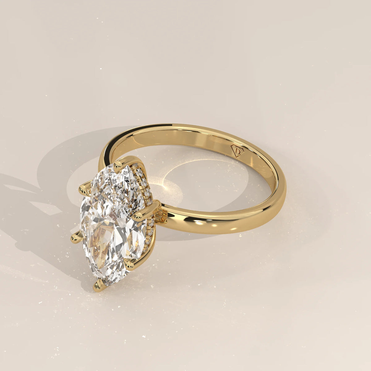 Stavia 5 Carat Marquise Lab Grown Diamond Solitaire, Hidden Halo in yellow gold, shown at an angle.