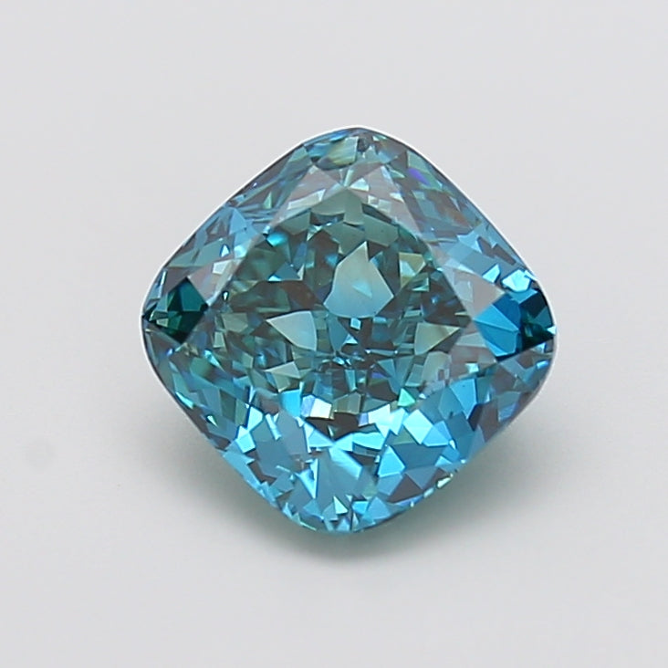 3.01 carat fancy vivid greenish blue cushion lab grown diamond VS1 clarity