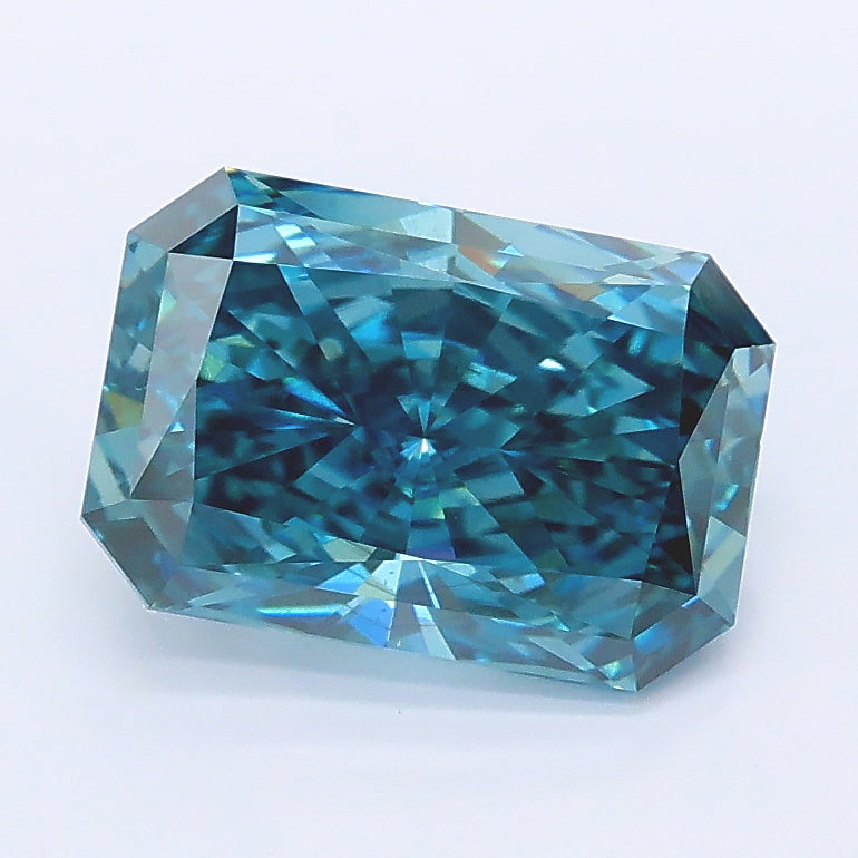 2.15 carat fancy vivid greenish blue radiant lab grown diamond VS2 clarity