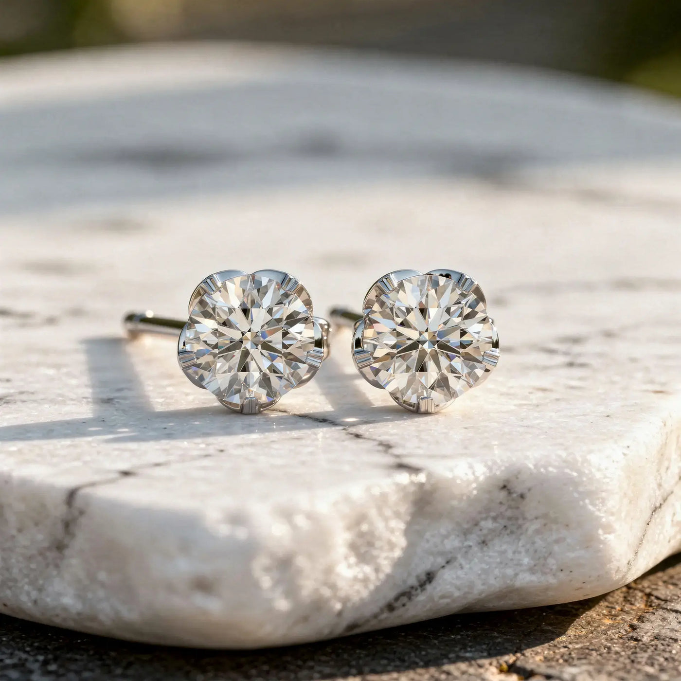Pair-shot: Round Diamond Studs with Prong Setting in 14k White Gold - Lab Grown - Driona Jewels