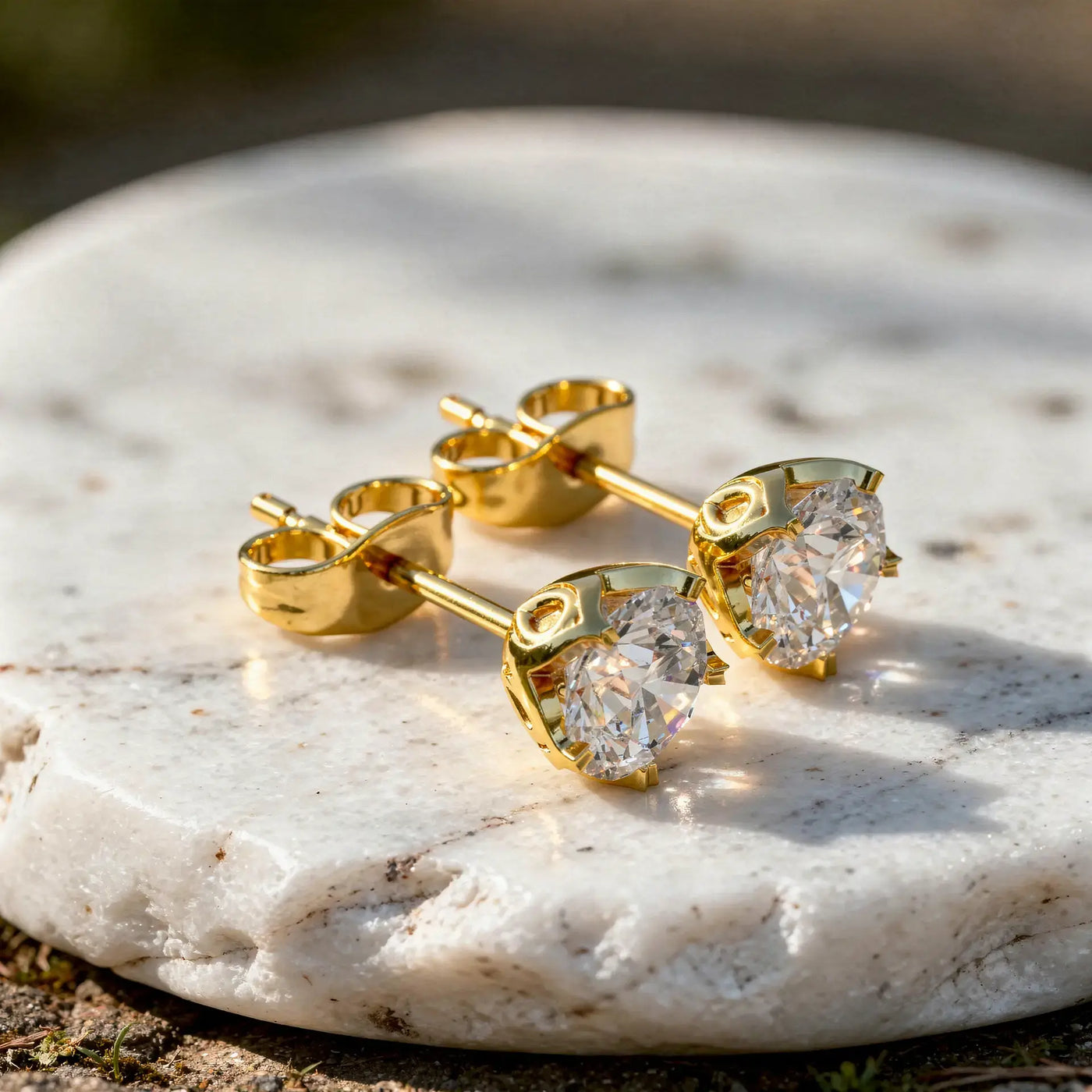 Close-up: Round Diamond Studs with Prong Setting in 14k Yellow Gold - Lab Grown - Driona Jewels