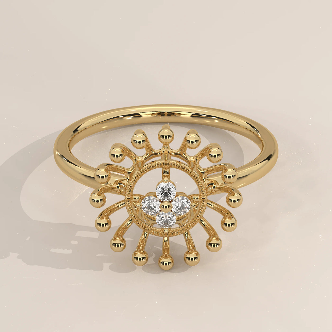 Three-Quarter View: Round Diamond Statement Ring with Prong Setting in Yellow Gold – Lab Grown – Driona Jewels