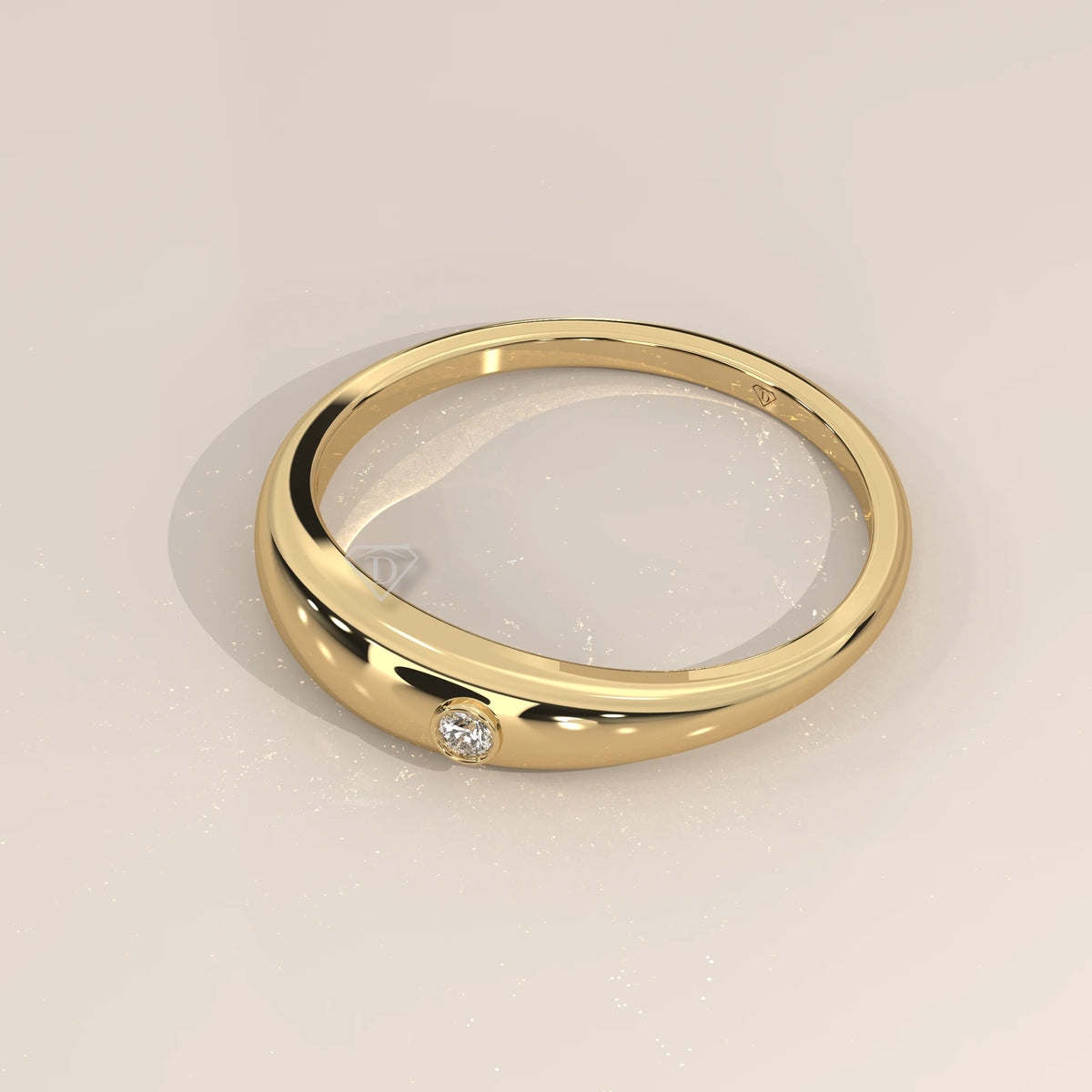 Tapered Dome Gold Band with One Flush Set Round Diamond in yellow gold, shown at an angle.