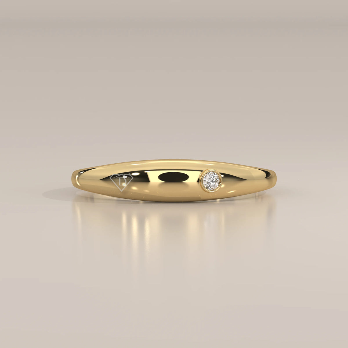 Tapered Dome Gold Band with One Flush Set Round Diamond in yellow gold, photographed head-on.
