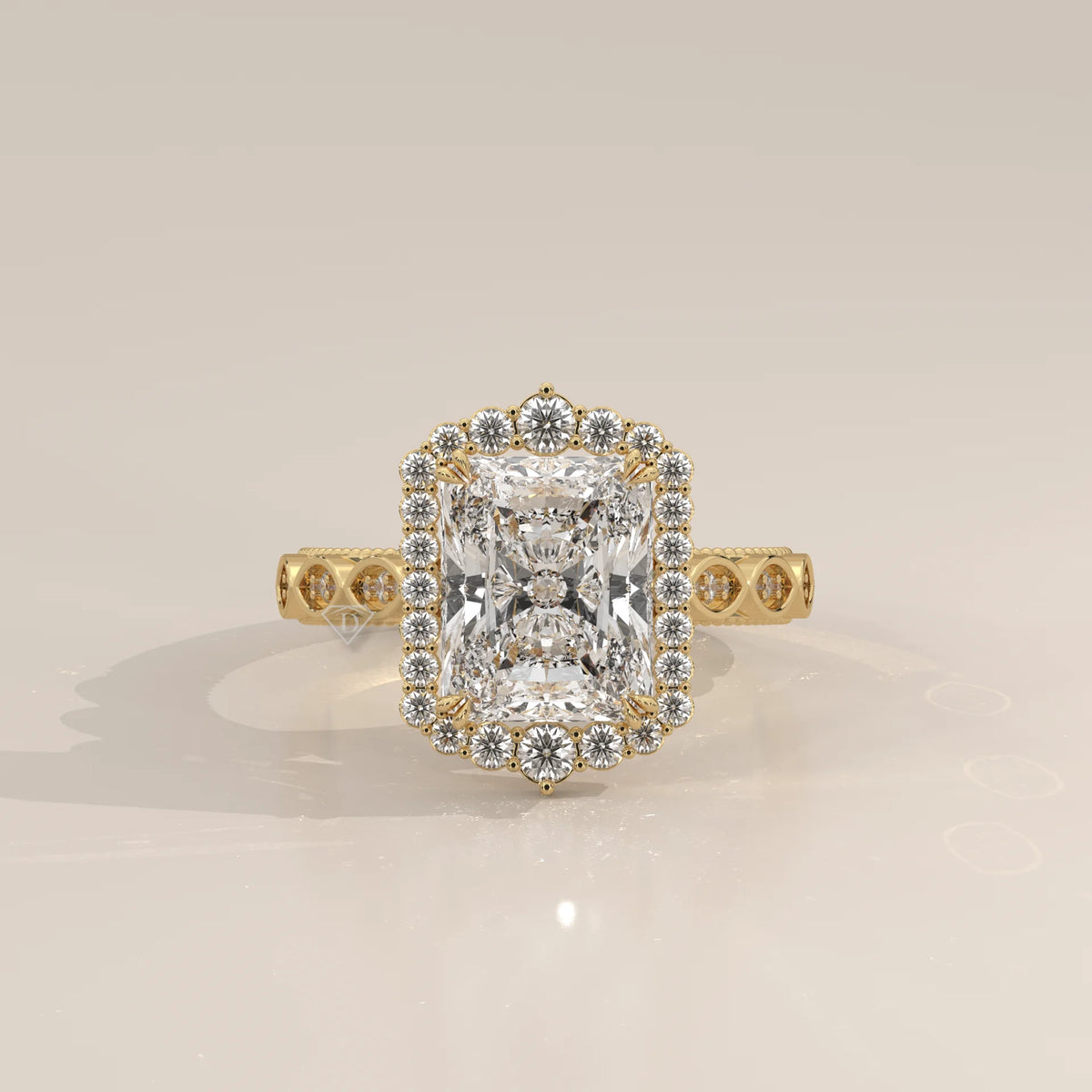 Tendy 5 Carat Radiant Lab Grown Diamond Vintage Halo Ring in yellow gold, photographed head-on.
