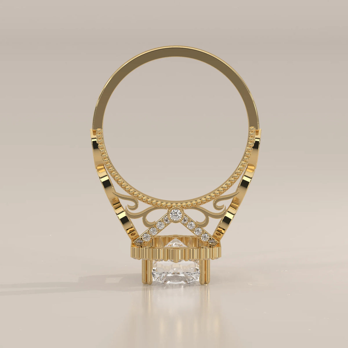 Tendy 5 Carat Radiant Lab Grown Diamond Vintage Halo Ring in yellow gold, front view on a plain background.