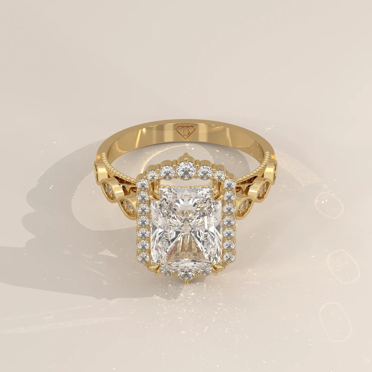 Tendy 5 Carat Radiant Lab Grown Diamond Vintage Halo Ring in yellow gold, shown from the front.